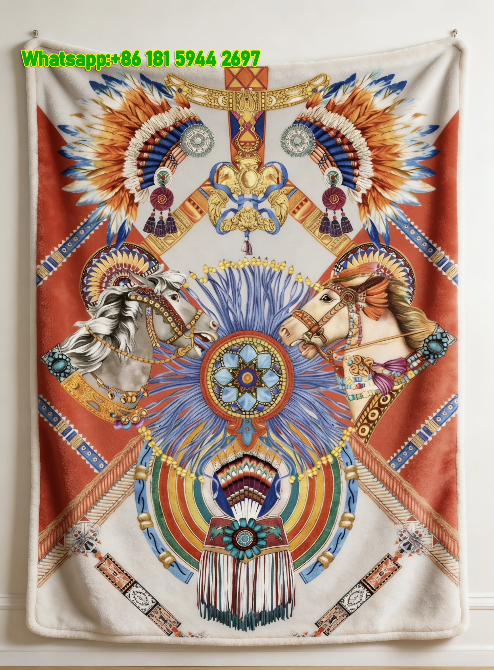 Hermes Tribal Double Horse Flannel Throw Blanket IMG_5473